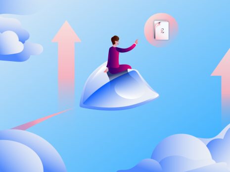 An accountant flying on a shield across the sky